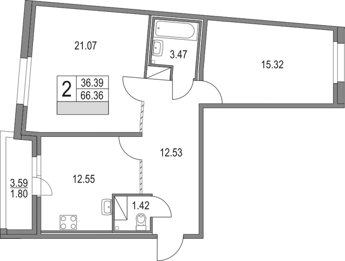 2-комнатная квартира 66.36 м², 13/16 эт., ЖК «Приморский квартал»